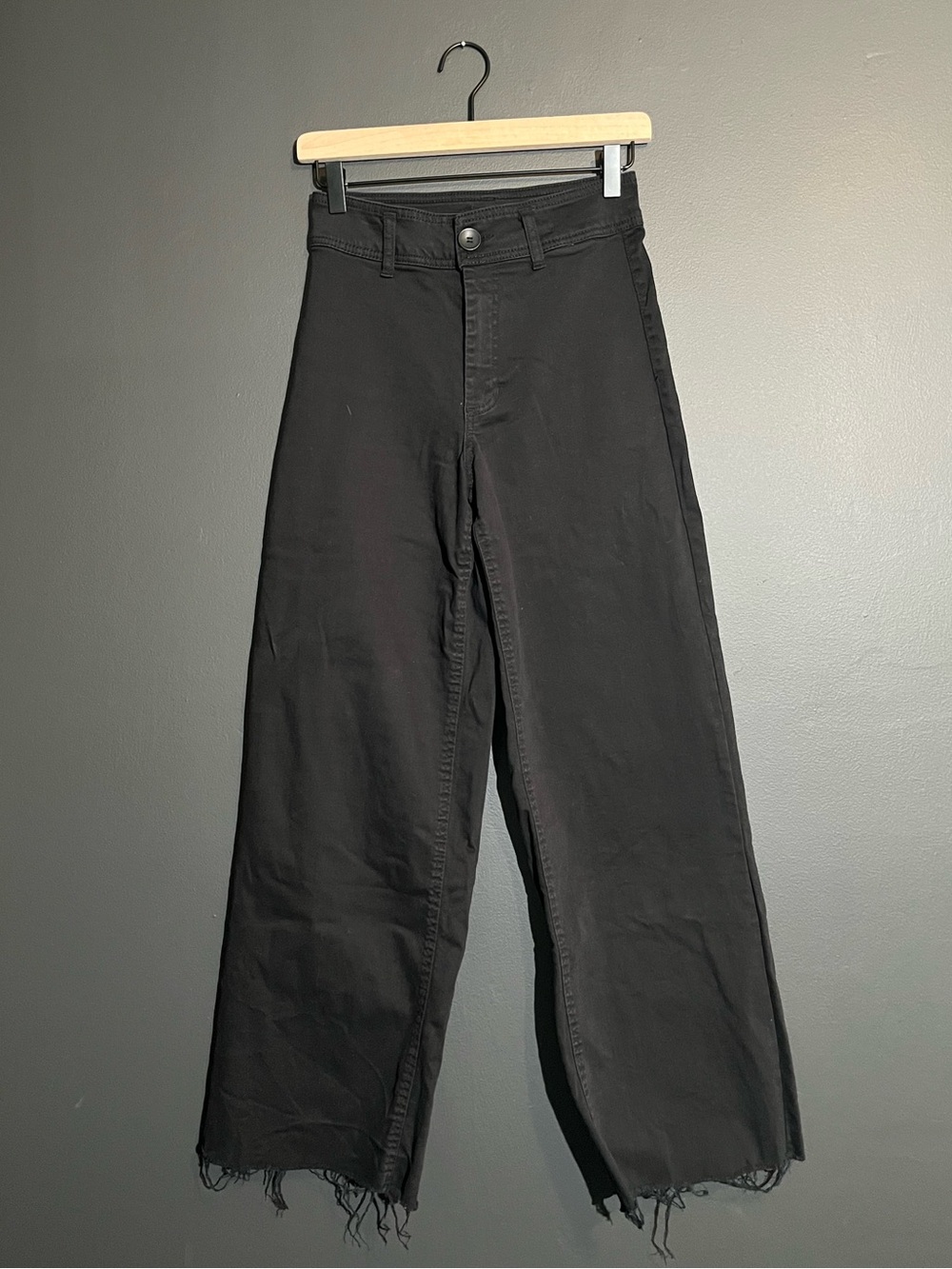 OAT New York Black High Rise Wide Leg Jeans Raw Hem Stretch Size 0
